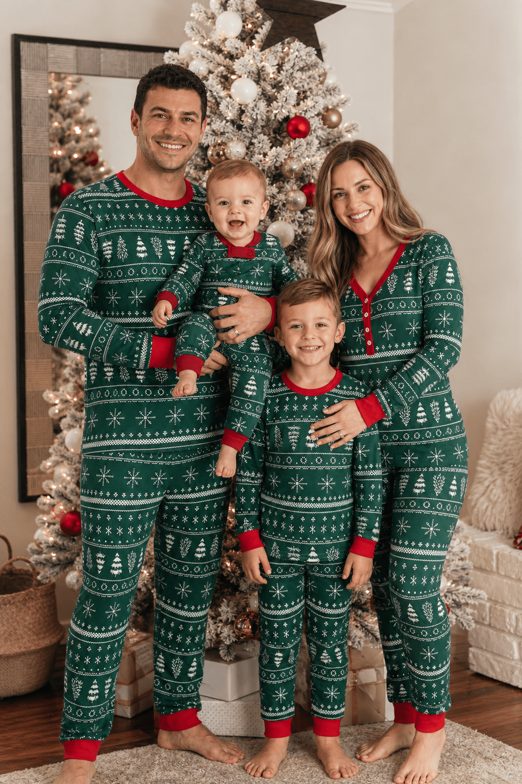 Matching family Christmas pajamas in green with white tree and snowflake print and red cuffs