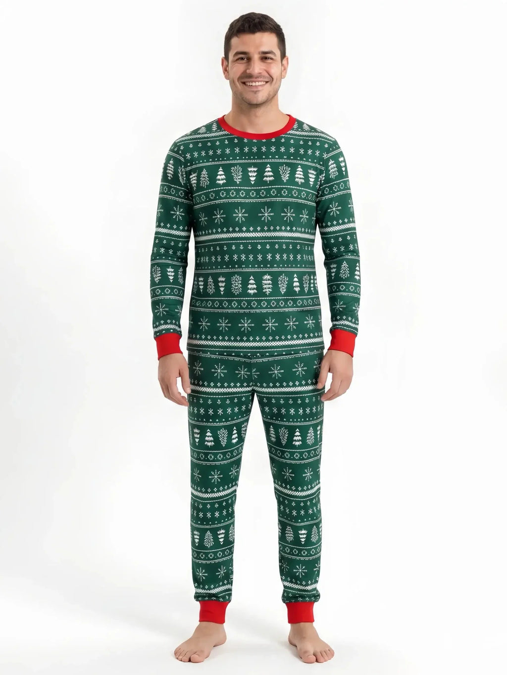 Matching family Christmas pajamas in green with white tree and snowflake print and red cuffs - view 10