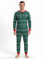 Matching family Christmas pajamas in green with white tree and snowflake print and red cuffs - view 10