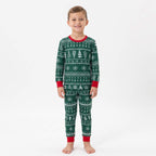 Matching family Christmas pajamas in green with white tree and snowflake print and red cuffs - view 11