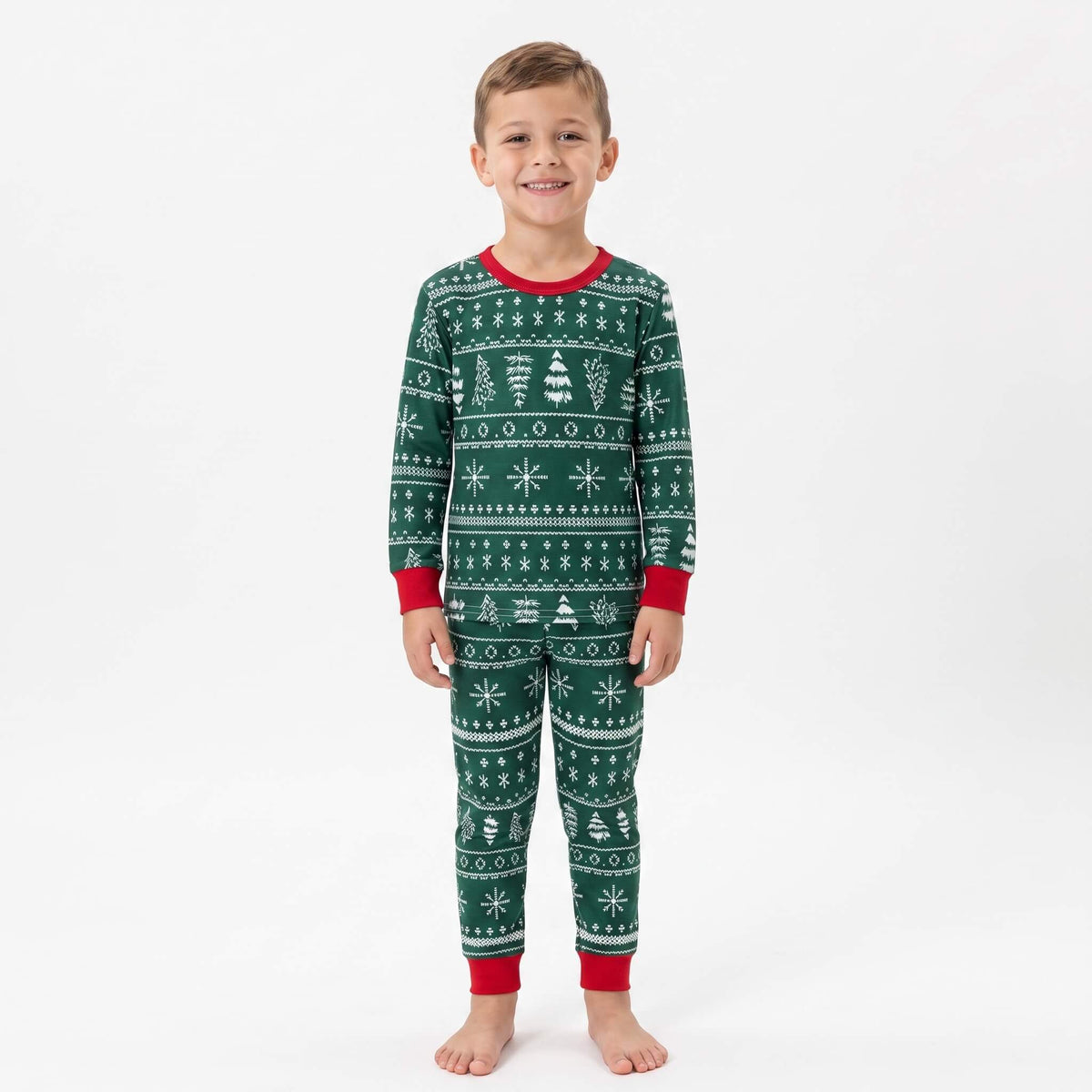 Matching family Christmas pajamas in green with white tree and snowflake print and red cuffs - view 11