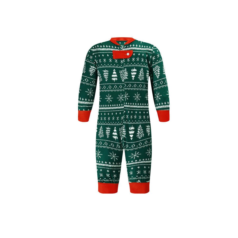 Matching family Christmas pajamas in green with white tree and snowflake print and red cuffs - view 12