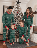 Matching family Christmas pajamas in green with white tree and snowflake print and red cuffs - view 2