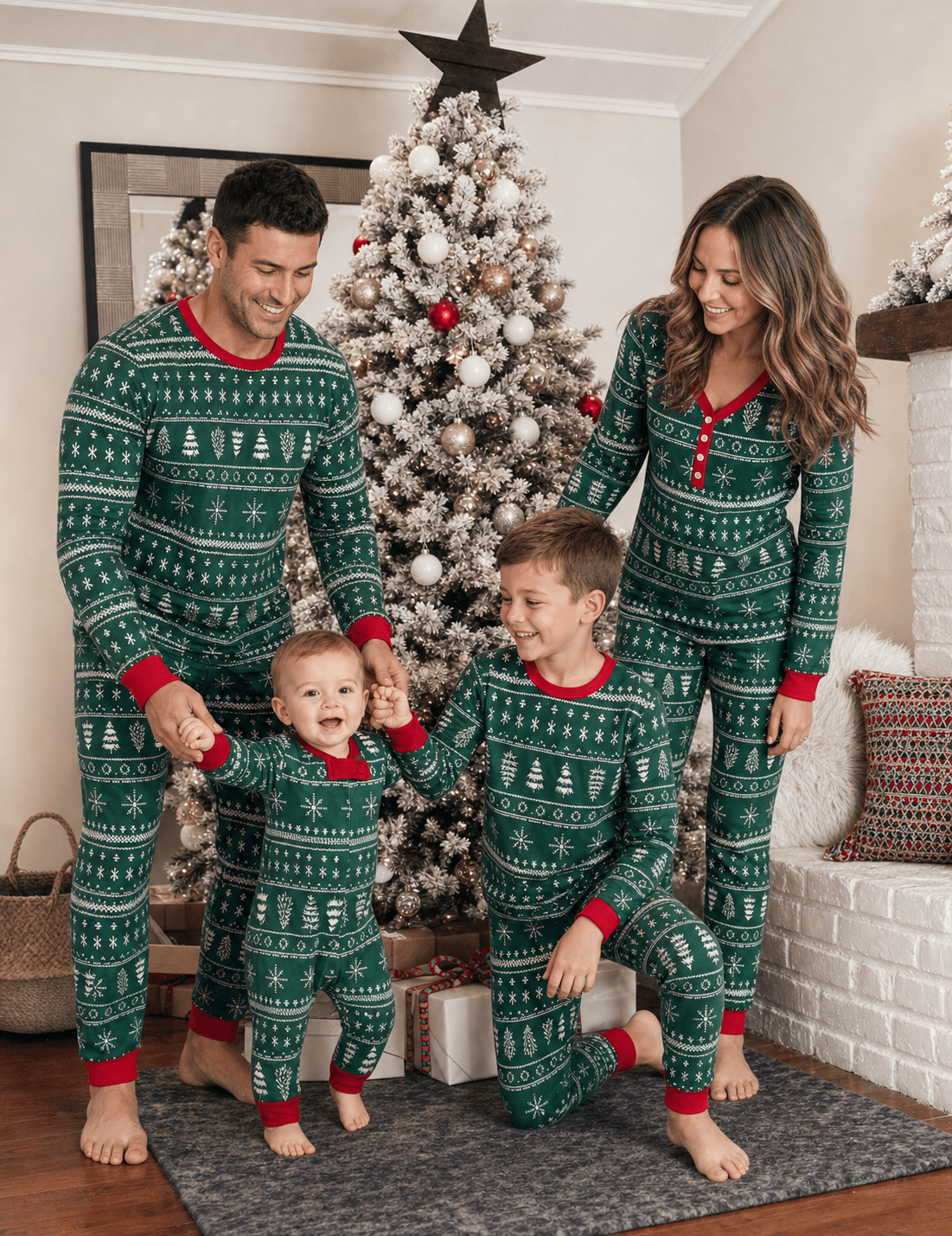 Matching family Christmas pajamas in green with white tree and snowflake print and red cuffs - view 2