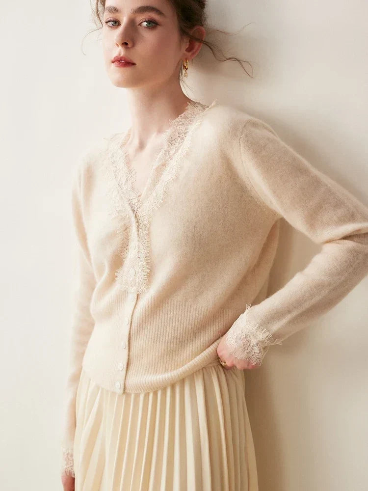 Woman wearing a gray fuzzy knit V-neck cardigan with lace trim and pearly buttons - view 10