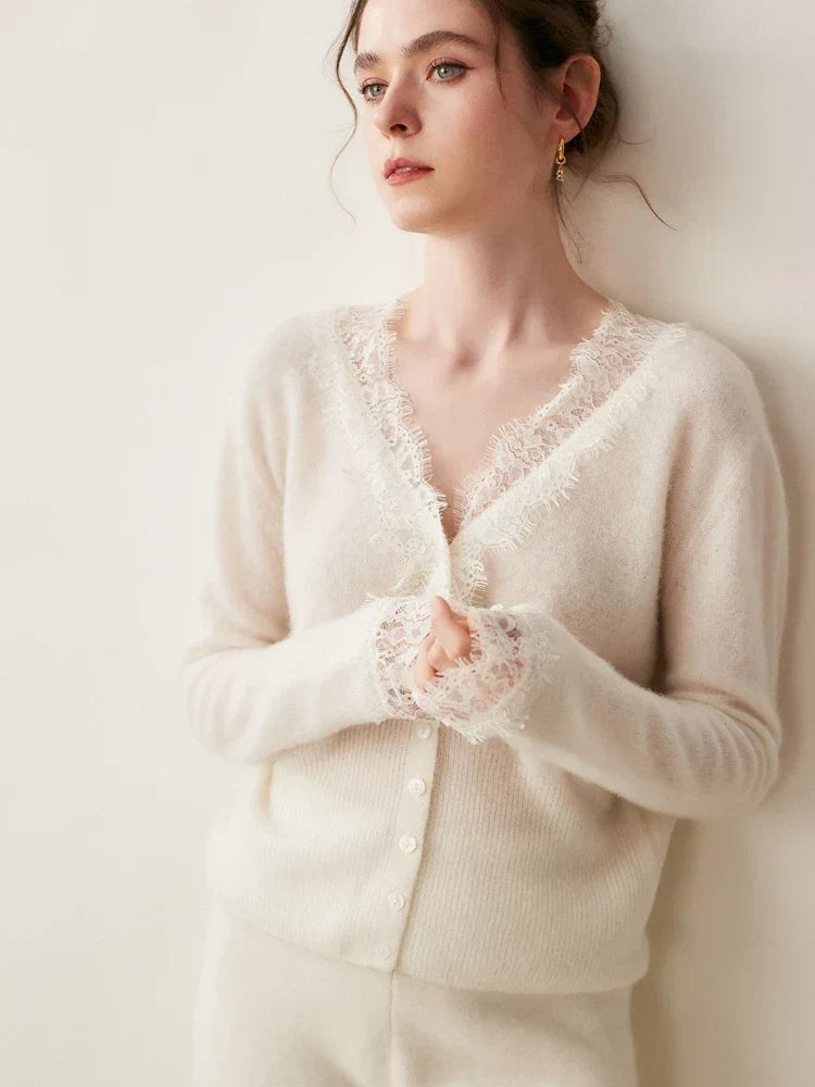 Woman wearing a gray fuzzy knit V-neck cardigan with lace trim and pearly buttons - view 12