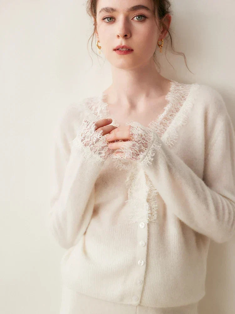 Woman wearing a gray fuzzy knit V-neck cardigan with lace trim and pearly buttons - view 14