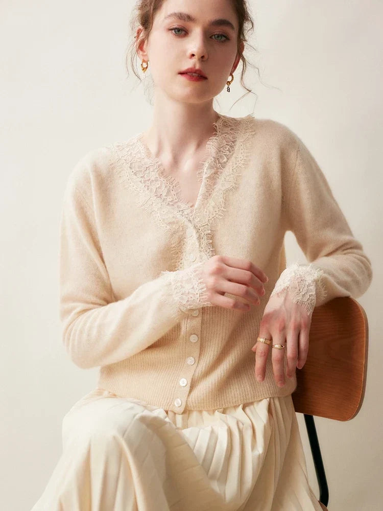 Woman wearing a gray fuzzy knit V-neck cardigan with lace trim and pearly buttons - view 15
