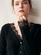 Woman wearing a gray fuzzy knit V-neck cardigan with lace trim and pearly buttons - view 18