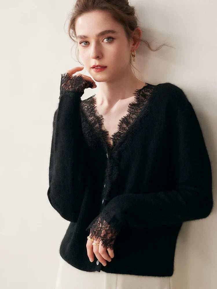 Woman wearing a gray fuzzy knit V-neck cardigan with lace trim and pearly buttons - view 19