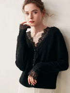 Woman wearing a gray fuzzy knit V-neck cardigan with lace trim and pearly buttons - view 19