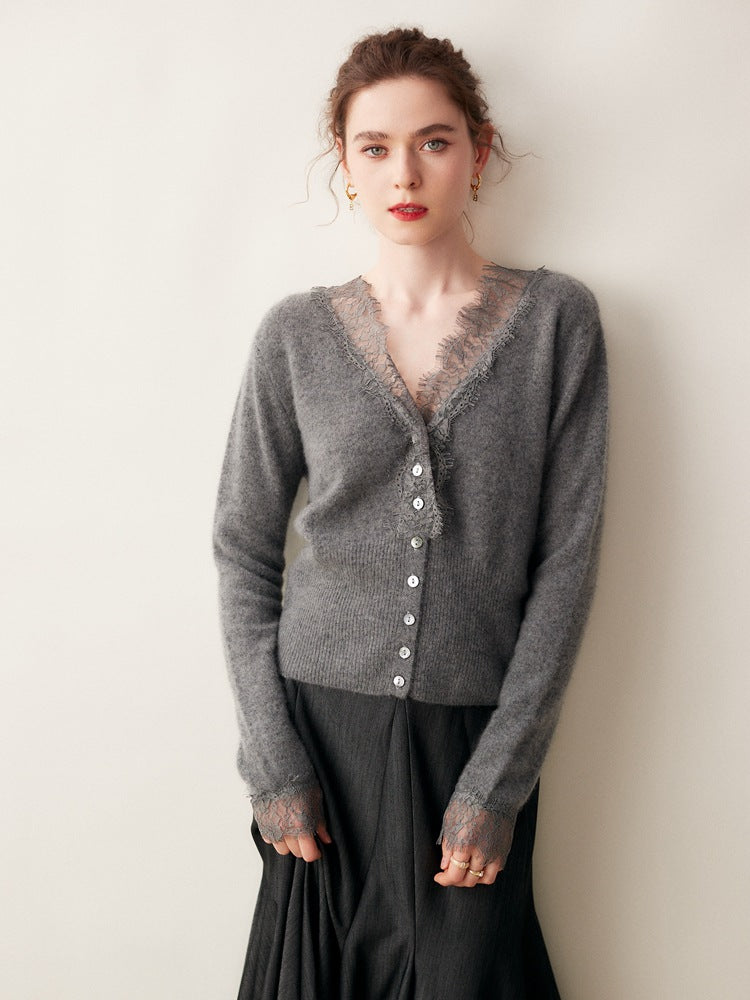 Woman wearing a gray fuzzy knit V-neck cardigan with lace trim and pearly buttons - view 2