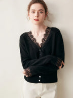 Woman wearing a gray fuzzy knit V-neck cardigan with lace trim and pearly buttons - view 20
