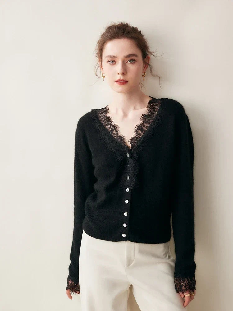 Woman wearing a gray fuzzy knit V-neck cardigan with lace trim and pearly buttons - view 21
