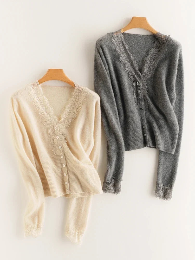 Woman wearing a gray fuzzy knit V-neck cardigan with lace trim and pearly buttons - view 22