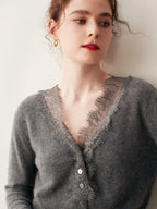 Woman wearing a gray fuzzy knit V-neck cardigan with lace trim and pearly buttons - view 3