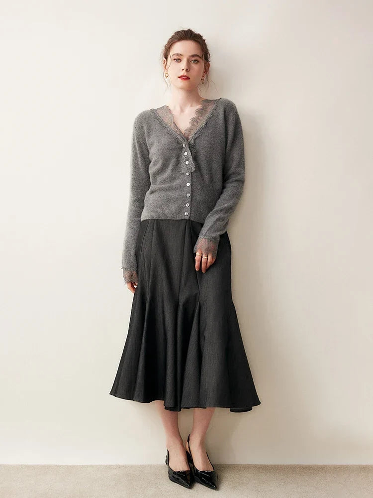 Woman wearing a gray fuzzy knit V-neck cardigan with lace trim and pearly buttons - view 4