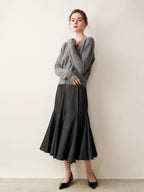 Woman wearing a gray fuzzy knit V-neck cardigan with lace trim and pearly buttons - view 5