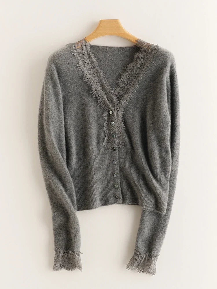 Woman wearing a gray fuzzy knit V-neck cardigan with lace trim and pearly buttons - view 6