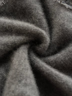 Woman wearing a gray fuzzy knit V-neck cardigan with lace trim and pearly buttons - view 7