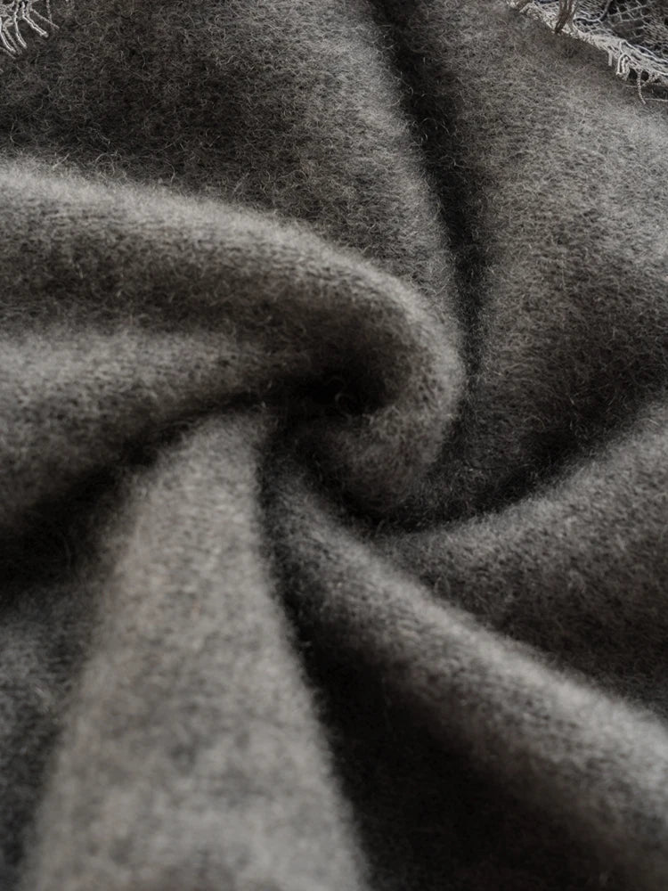 Woman wearing a gray fuzzy knit V-neck cardigan with lace trim and pearly buttons - view 7