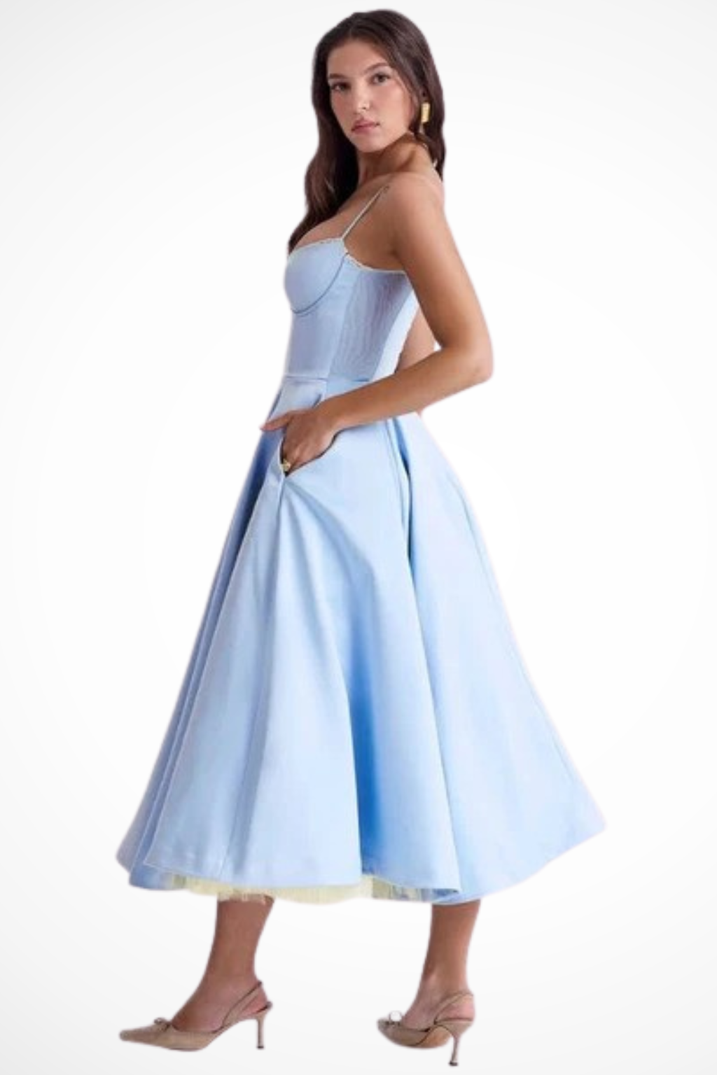 Sweetheart corset A-line midi dress with spaghetti straps - view 9