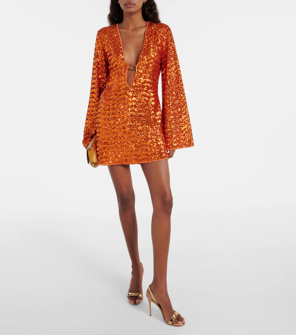 Long sleeve sequin mini dress with plunging V-neck, gold-tone ring and bell sleeves