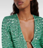 Long sleeve sequin mini dress with plunging V-neck, gold-tone ring and bell sleeves - view 4