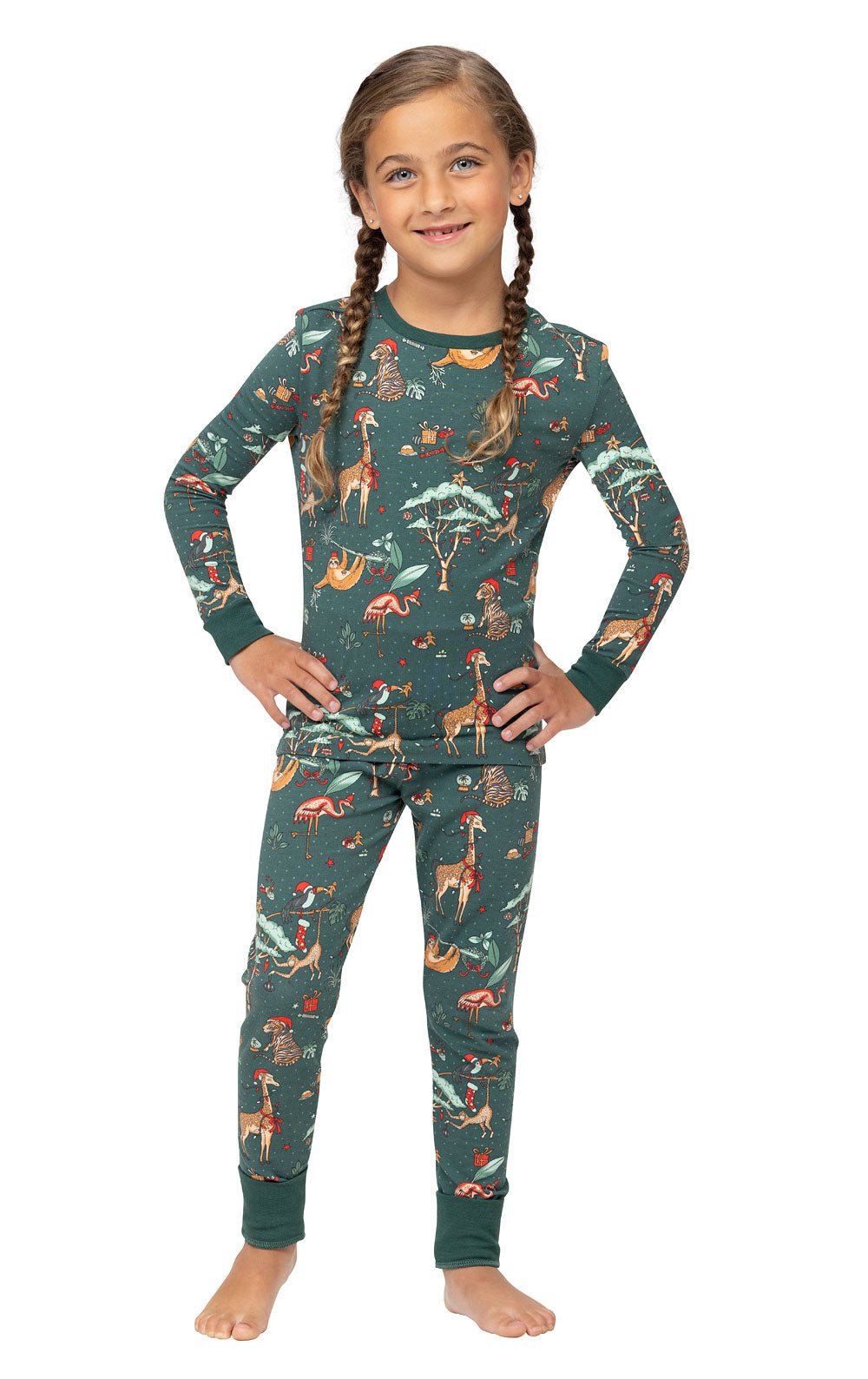 Family wearing matching green safari animal print Christmas pajamas - view 11