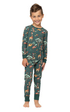 Family wearing matching green safari animal print Christmas pajamas - view 12