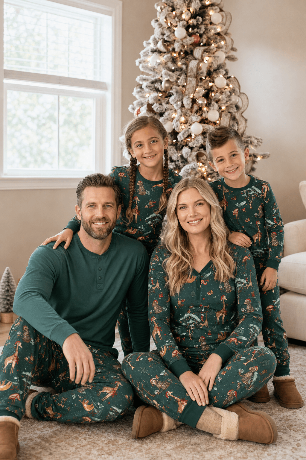 Family wearing matching green safari animal print Christmas pajamas - view 4