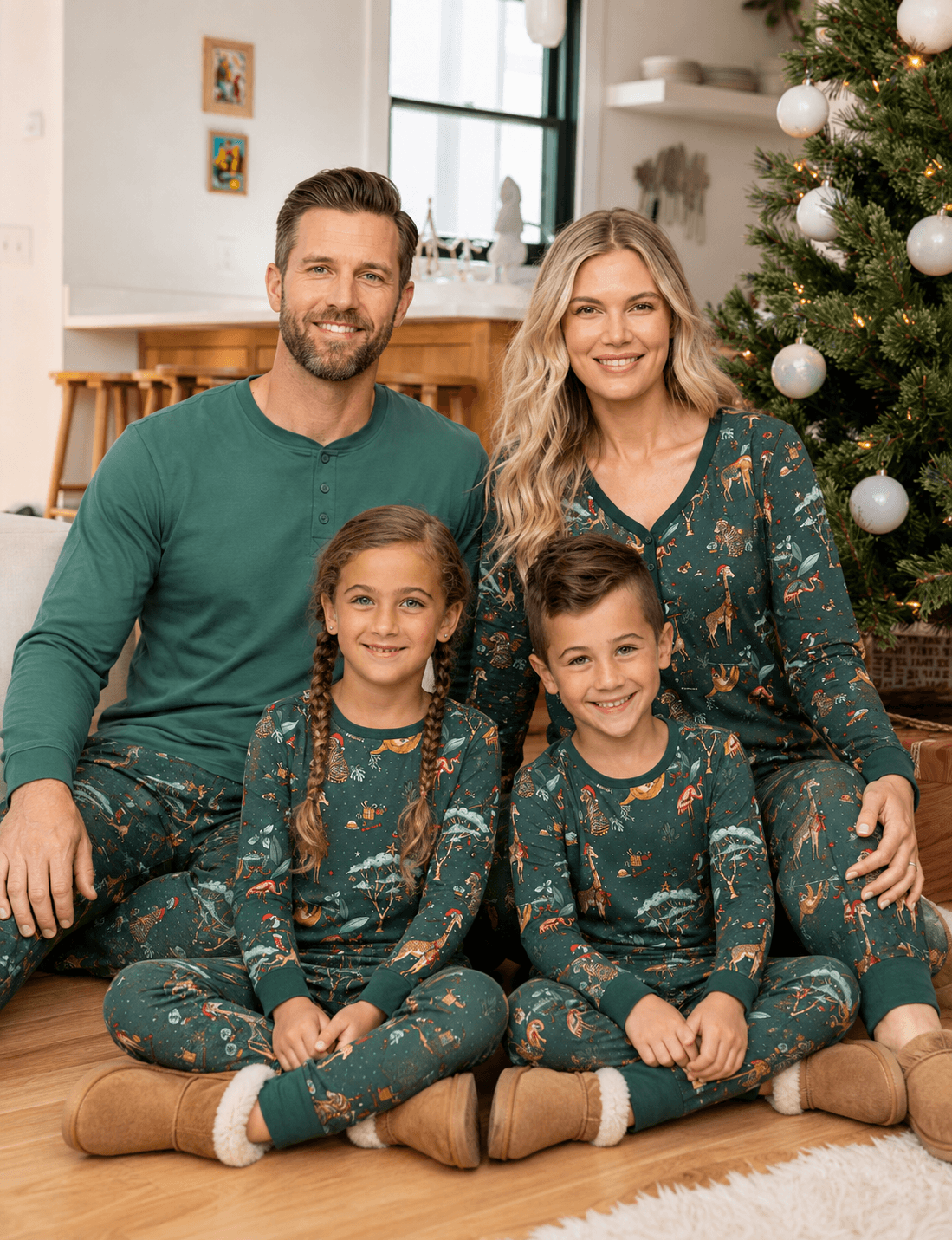 Family wearing matching green safari animal print Christmas pajamas - view 6