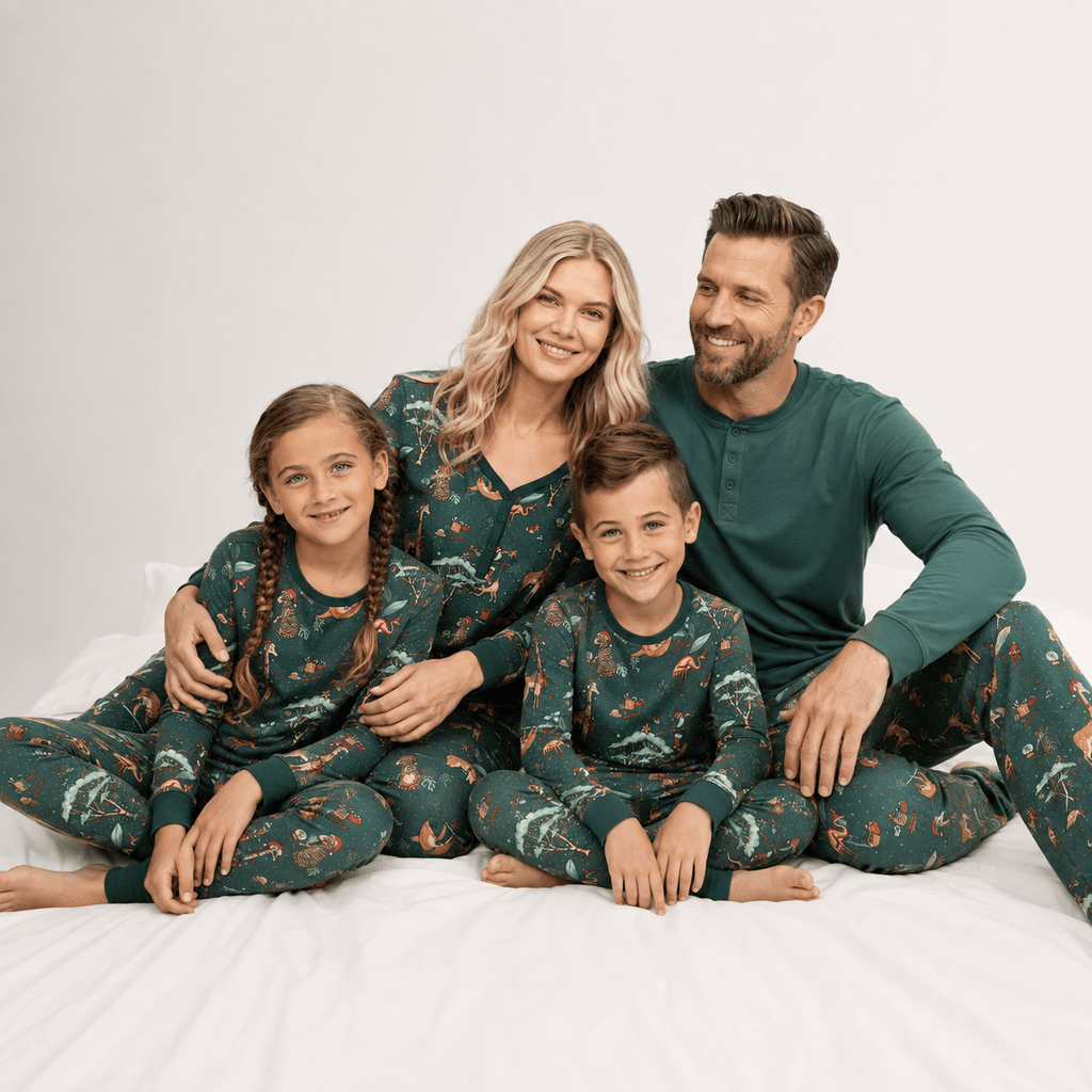 Family wearing matching green safari animal print Christmas pajamas - view 7