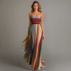 Strapless multicolor striped pleated maxi dress