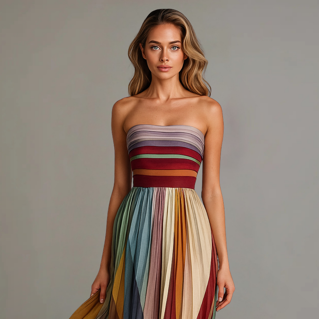Strapless multicolor striped pleated maxi dress - view 2