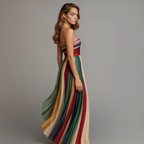 Strapless multicolor striped pleated maxi dress - view 3