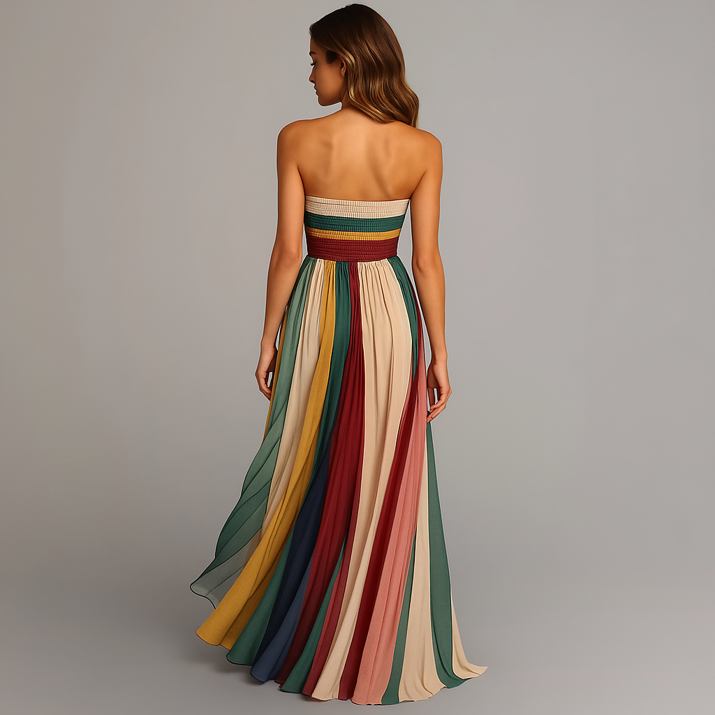 Strapless multicolor striped pleated maxi dress - view 4