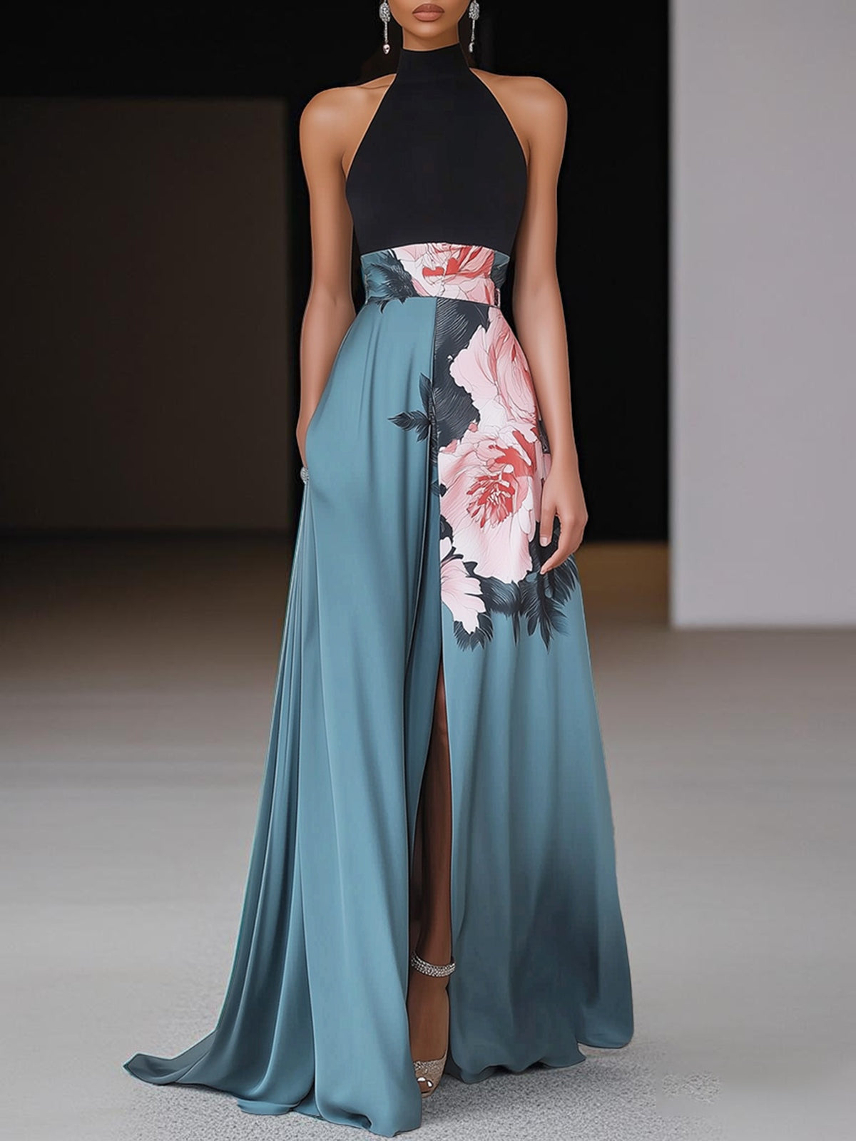 Satin halter A-line maxi dress with black mock-neck bodice and pink floral print blue skirt
