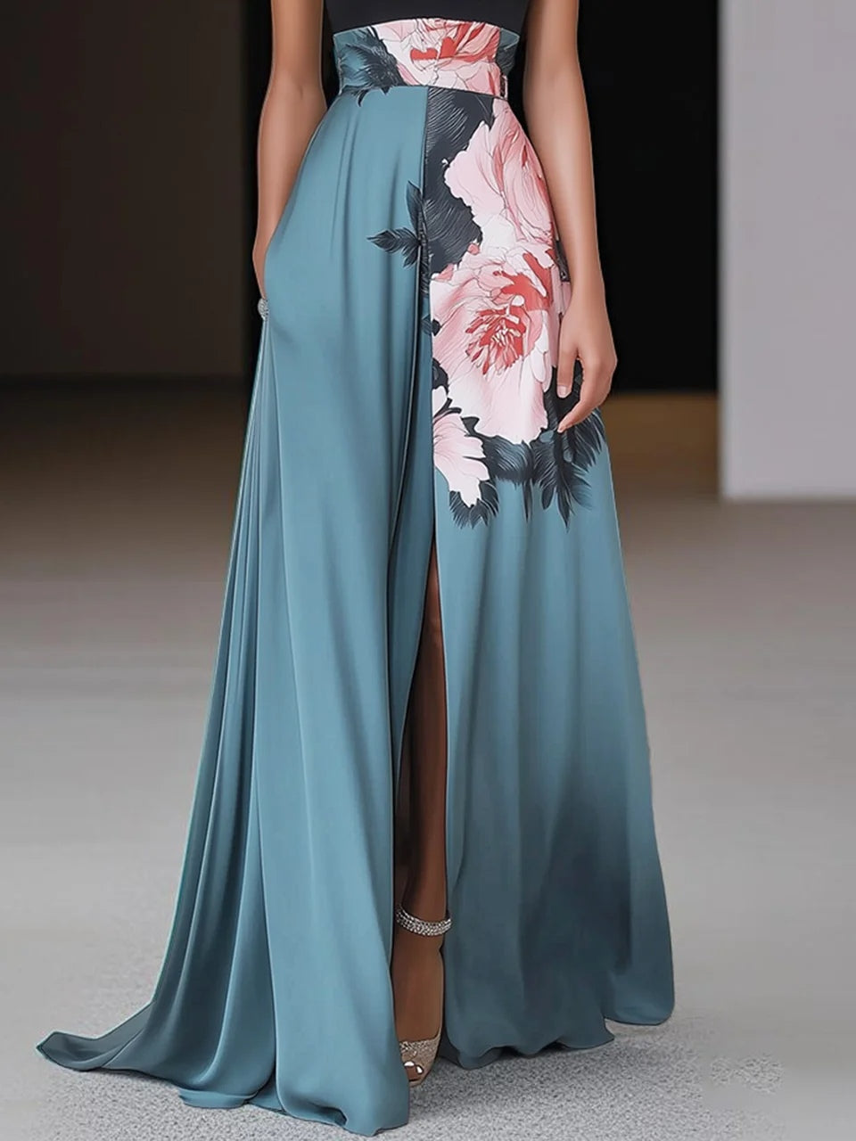 Satin halter A-line maxi dress with black mock-neck bodice and pink floral print blue skirt - view 3