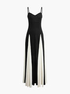Black formal evening maxi dress with ivory godet panels and sweetheart neckline - view 2
