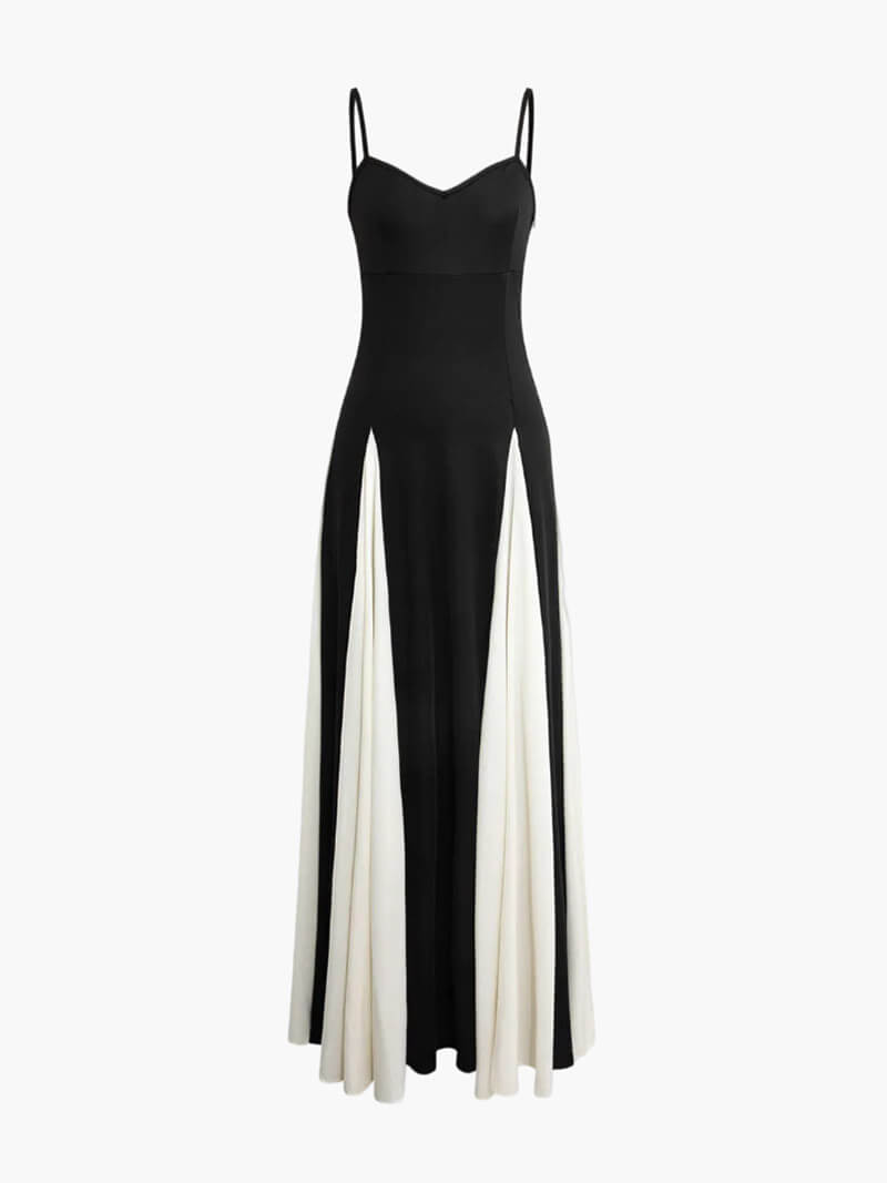 Black formal evening maxi dress with ivory godet panels and sweetheart neckline - view 2