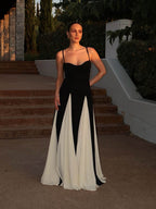 Black formal evening maxi dress with ivory godet panels and sweetheart neckline - view 3