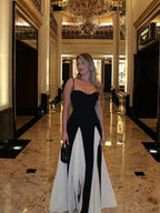 Black formal evening maxi dress with ivory godet panels and sweetheart neckline - view 4