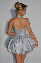 Silver glitter halter mini dress with corset bodice and bubble hem skirt - view 2