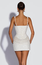 White sequin corset mini dress with square neckline and lace-up back - view 4