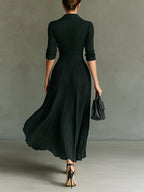 Black pleated A line maxi dress with shirt collar and gold-button waistband - view 2