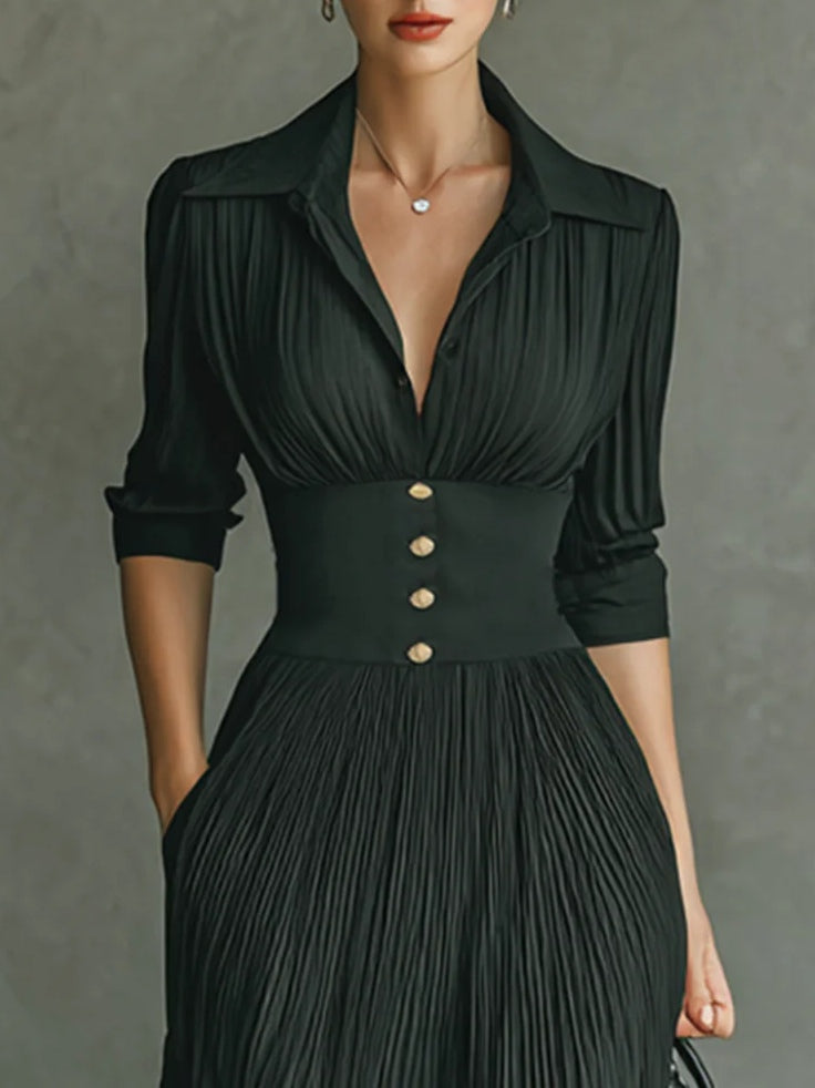 Black pleated A line maxi dress with shirt collar and gold-button waistband - view 3