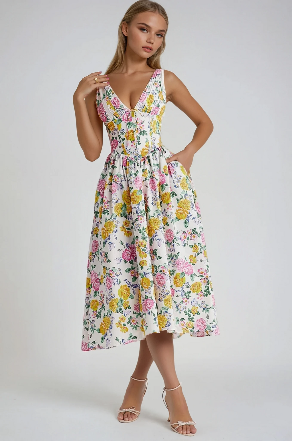 Sleeveless V-neck A line midi dress with corset-style bodice, gathered skirt and pockets