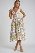 Sleeveless V-neck A line midi dress with corset-style bodice, gathered skirt and pockets