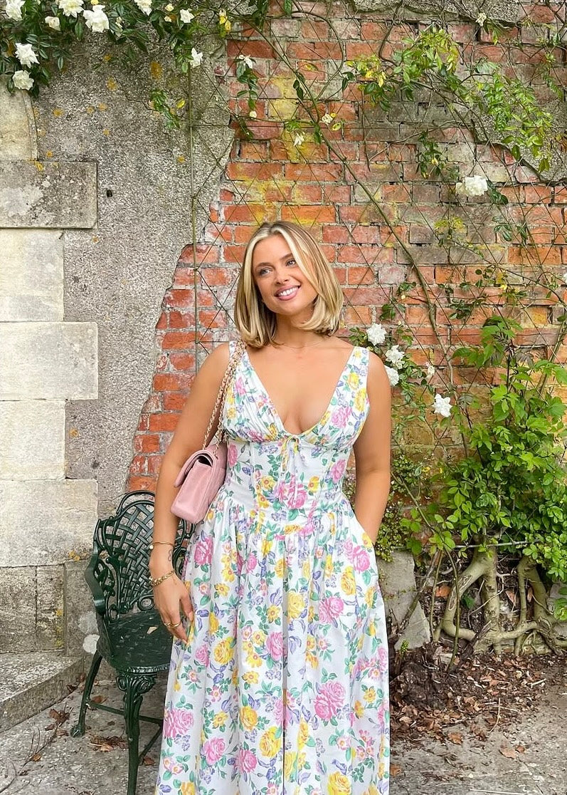 Sleeveless V-neck A line midi dress with corset-style bodice, gathered skirt and pockets - view 5